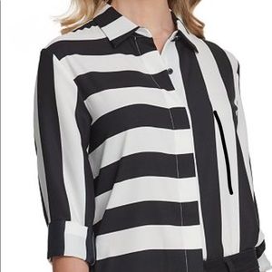 DKNY mixed stripe shirt blouse black ivory MED & LARGE NWT